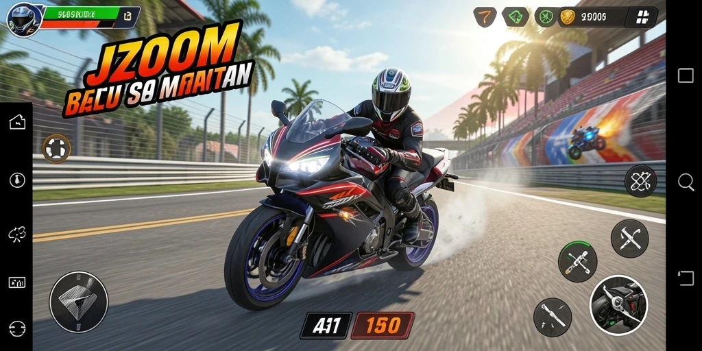 Tangkapan layar dari gameplay balap motor J200M yang mendebarkan.