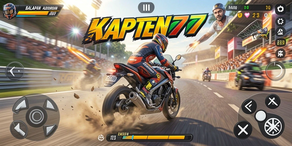 Screenshot KAPTEN77 menampilkan aksi balapan motor yang mendebarkan.