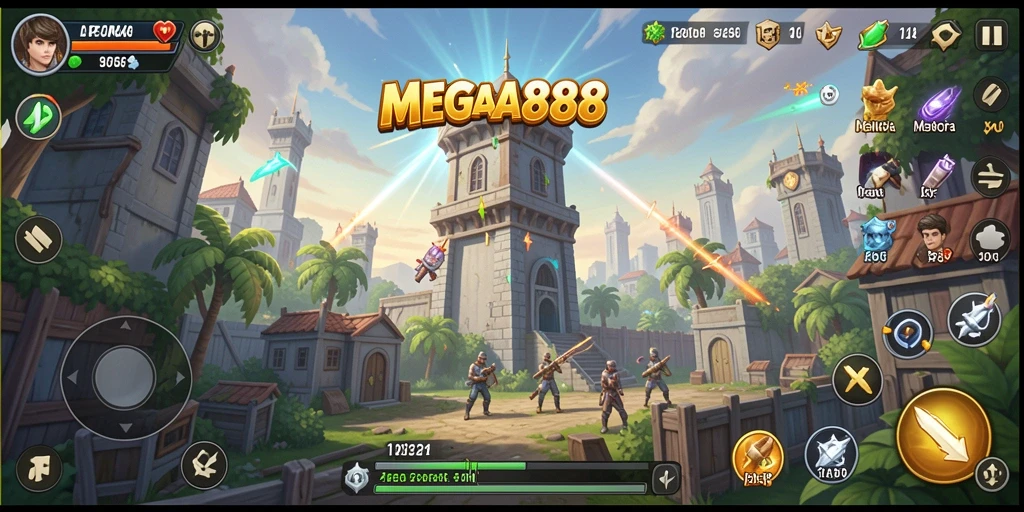 Screenshot utama MEGA888 menunjukkan aksi pertahanan menara yang mendebarkan.