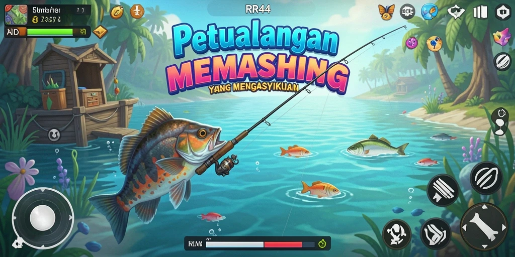 Tampilan gameplay RR44 menunjukkan aksi memancing yang seru.