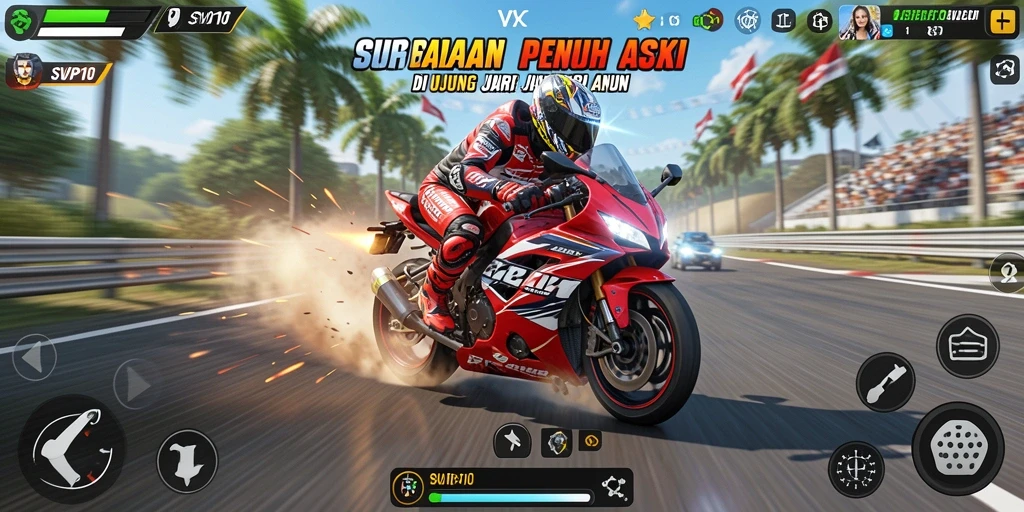 Tangkapan layar menunjukkan balapan motor yang seru dan cepat.