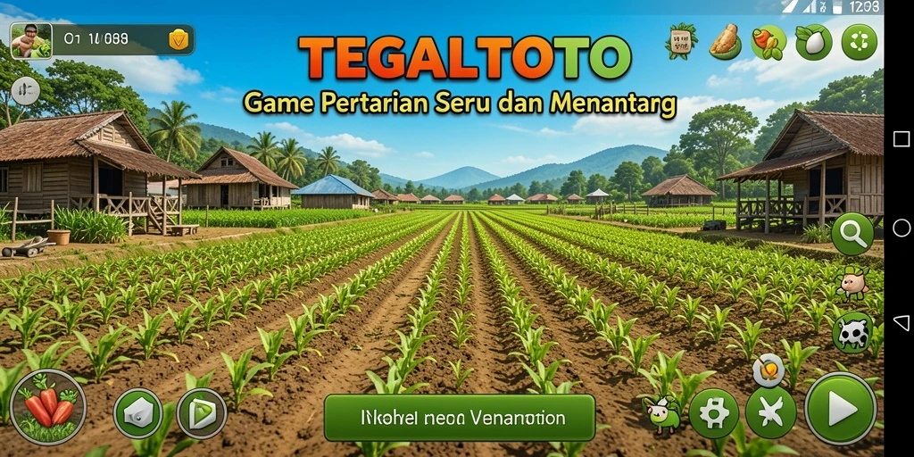 Screenshot TEGALTOTO menampilkan kebun penuh warna dan aktivitas bertani.