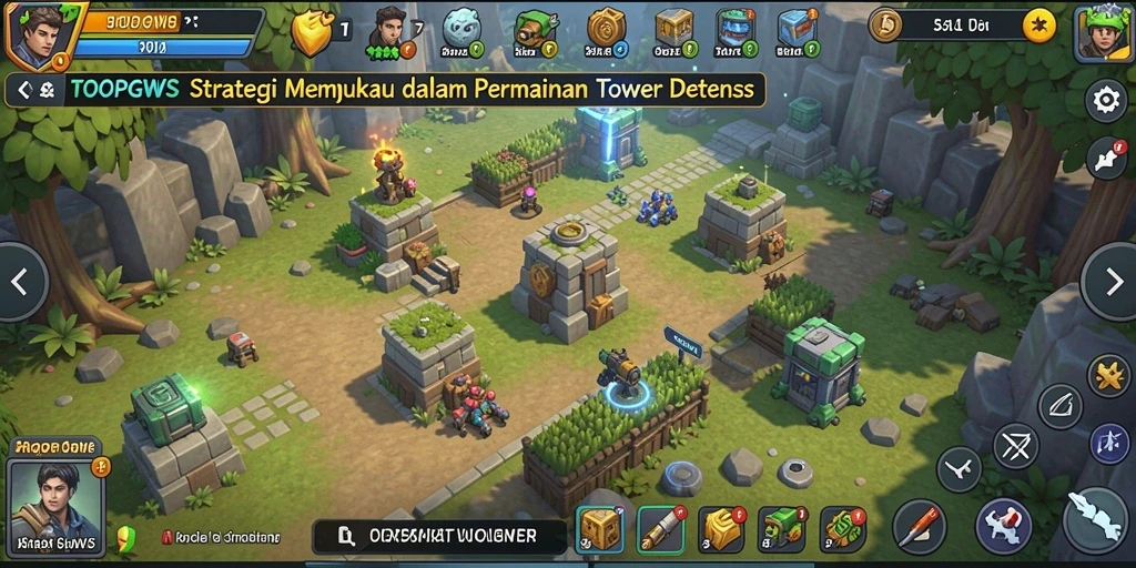 Tampilan menarik dari gameplay Tower Defense TOOPGWS dengan menara dan musuh yang beragam.